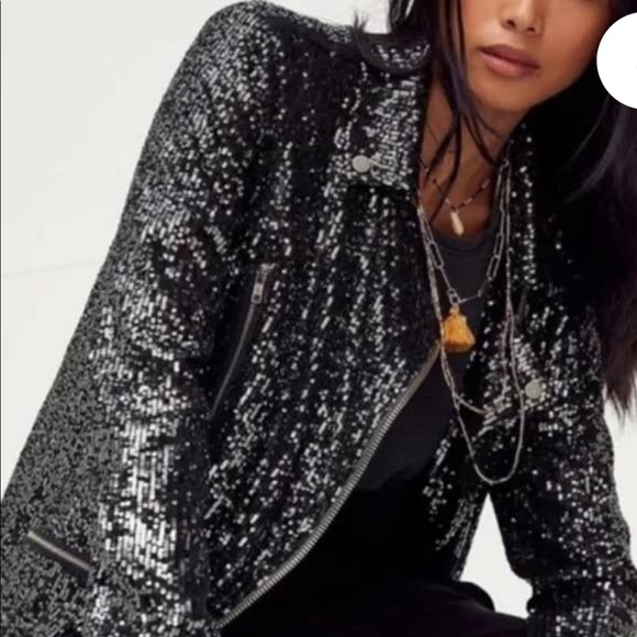 Free People Special edition- Sequined black moto jacket - Picture 1 of 2